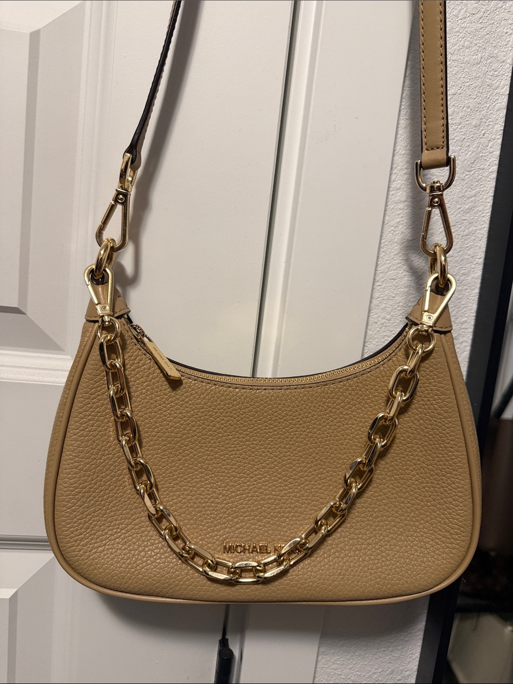 Michael Kors Pebbled Leather Shoulder Bag in Tan with Gold Chain